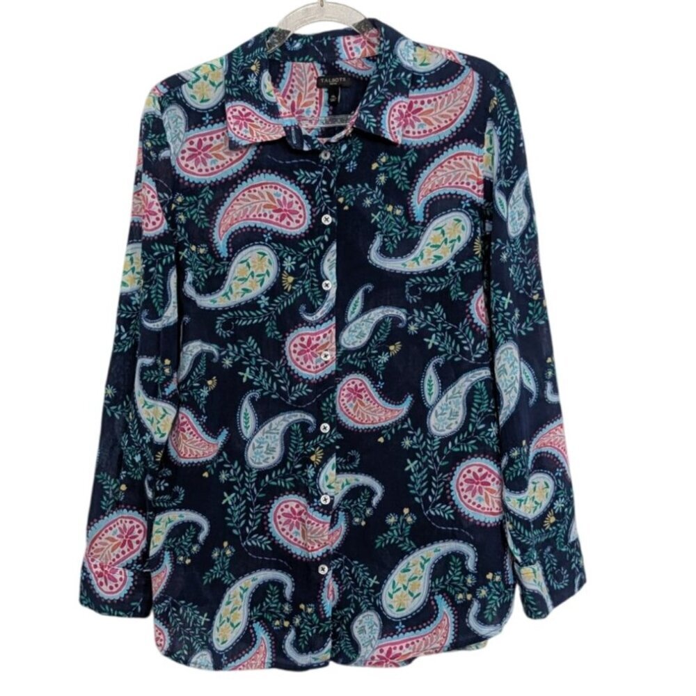 Talbots Paisley Shirt Womens Petite Size Medium Blue Lightweight Button Front